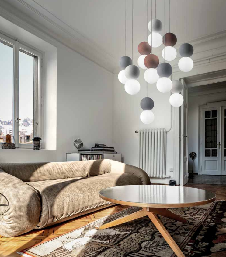 GEALUCE Sospensione con montatura in metallo 1XG9 non incl. satinato bianco diffusore vetro bianco e cemento grigio-rosso GEALUCE Sospensione con montatura in metallo 1XG9 non incl. satinato bianco diffusore vetro bianco e cemento grigio-rosso